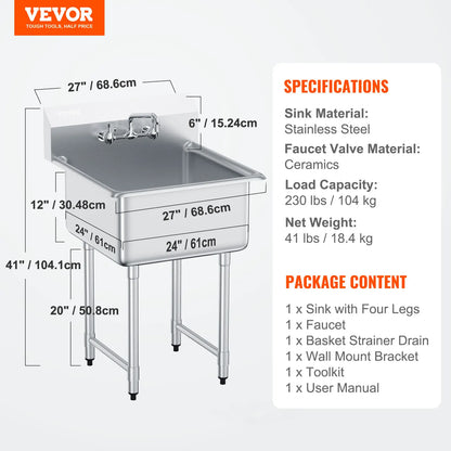 SucceBuy Stainless Steel Kitchen Prep & Utility Sink 1 Compartment
