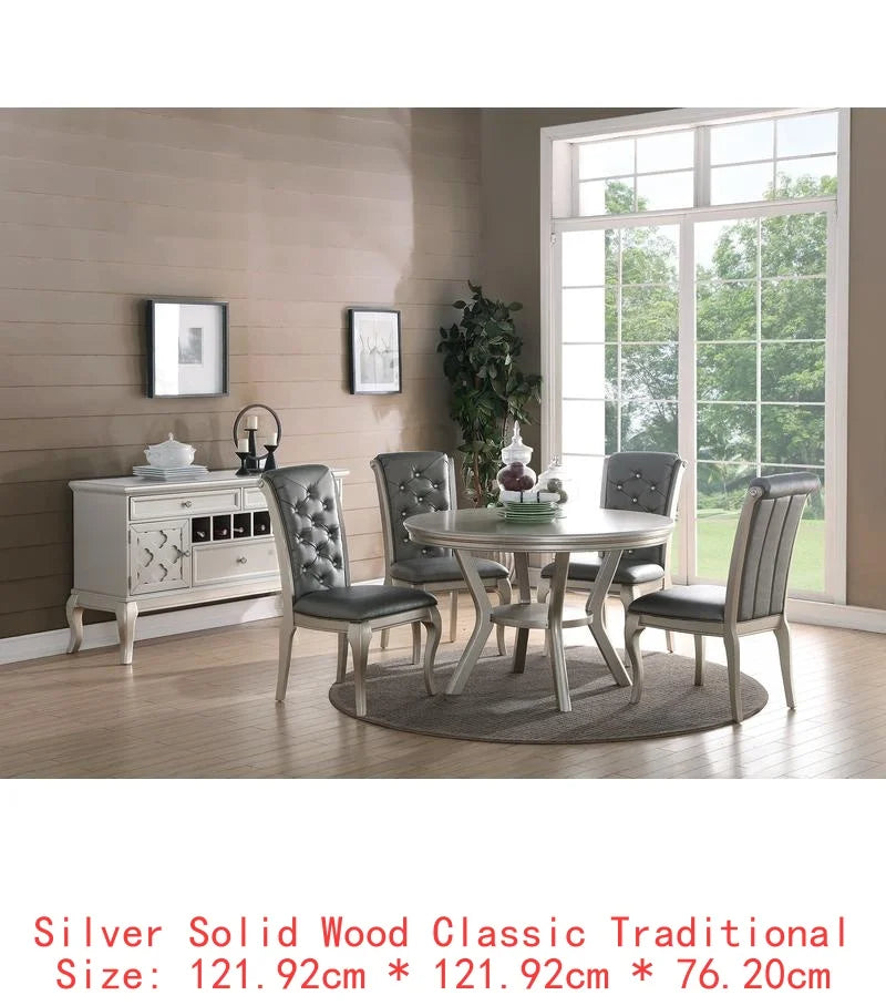 7pc Rectangular Glass Dining Table Set w/ Silver Hue & 6 Tufted Side Chairs