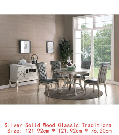 7pc Rectangular Glass Dining Table Set w/ Silver Hue & 6 Tufted Side Chairs