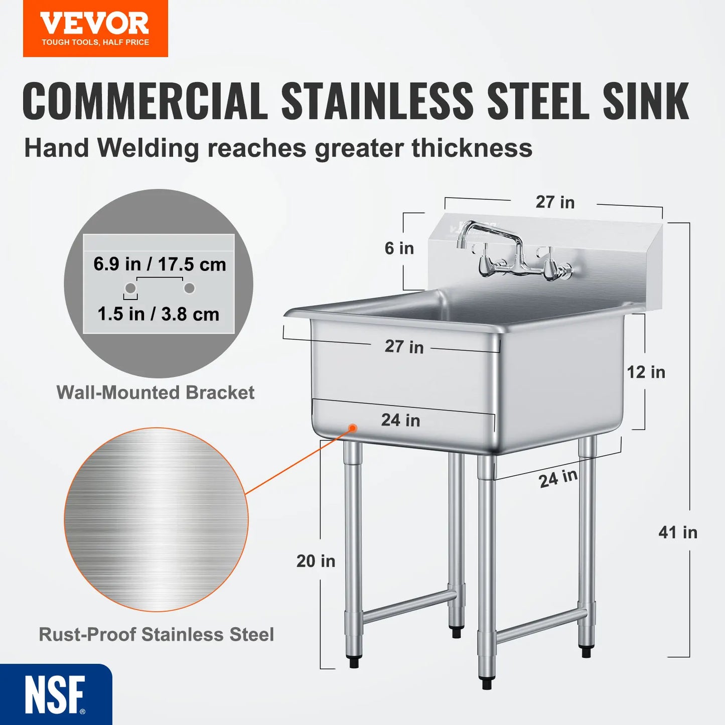 SucceBuy Stainless Steel Kitchen Prep & Utility Sink 1 Compartment