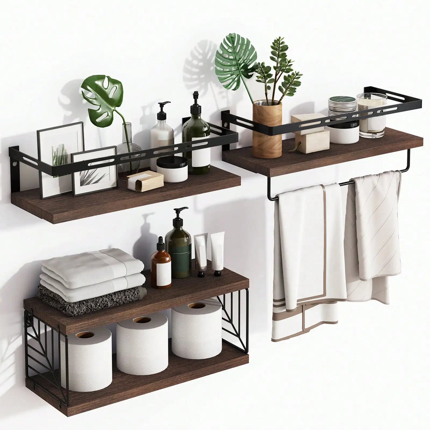 Wall Mounted Bathroom Shelves Over Toilet, Rustic Wood Floating Shelves With Metal Frame Towel Bar