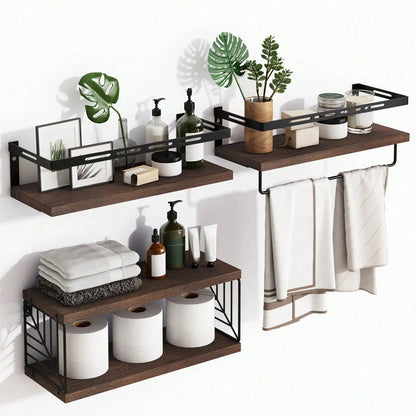Wall Mounted Bathroom Shelves Over Toilet, Rustic Wood Floating Shelves With Metal Frame Towel Bar