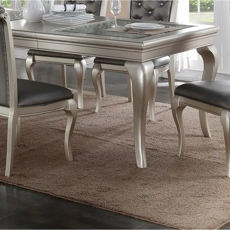 7pc Rectangular Glass Dining Table Set w/ Silver Hue & 6 Tufted Side Chairs