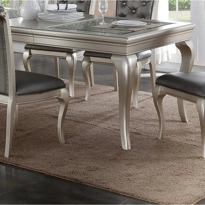 7pc Rectangular Glass Dining Table Set w/ Silver Hue & 6 Tufted Side Chairs