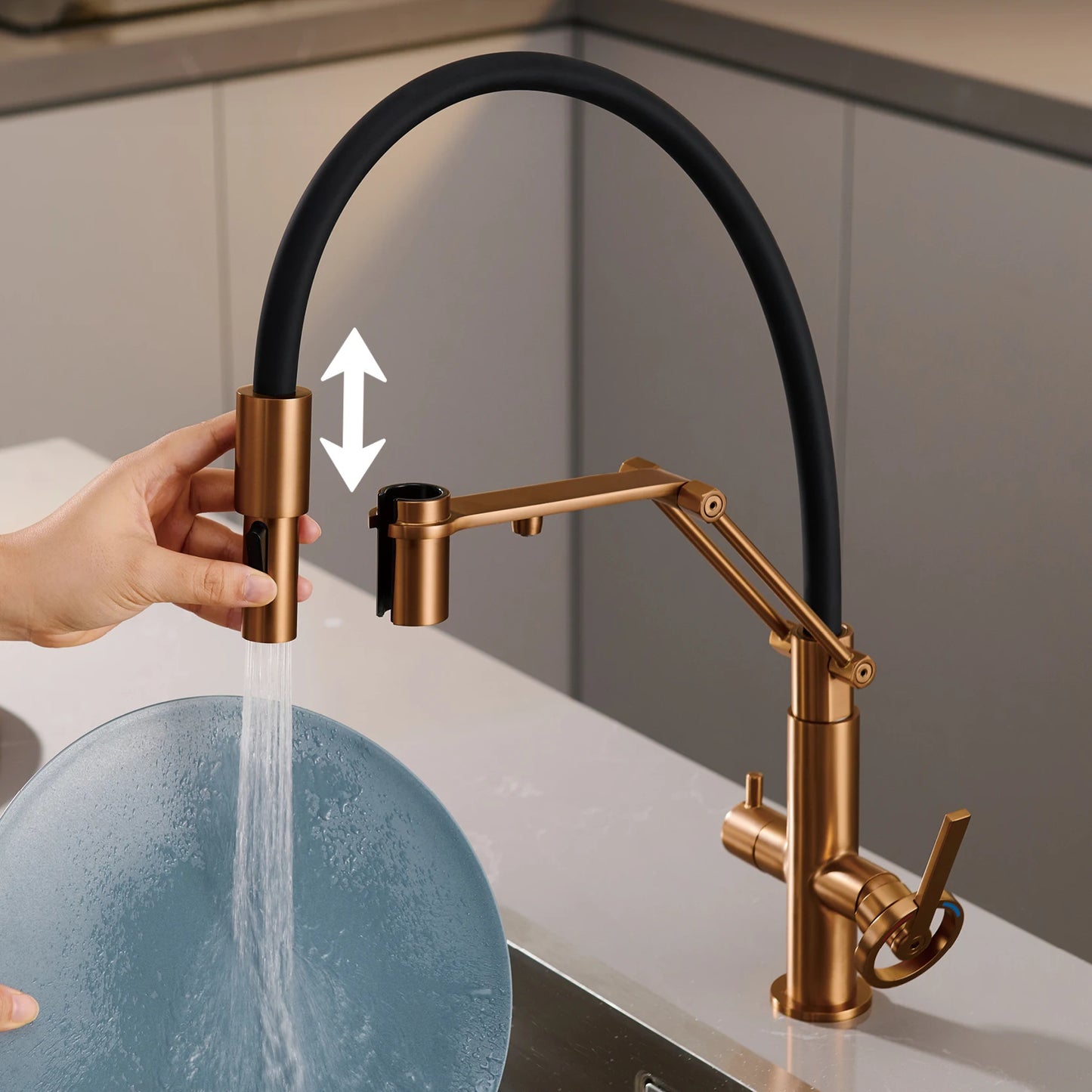 Gun gray brass island style kitchen faucet with filtered Water, Pull out Sprayer, 2-function sink Mixer