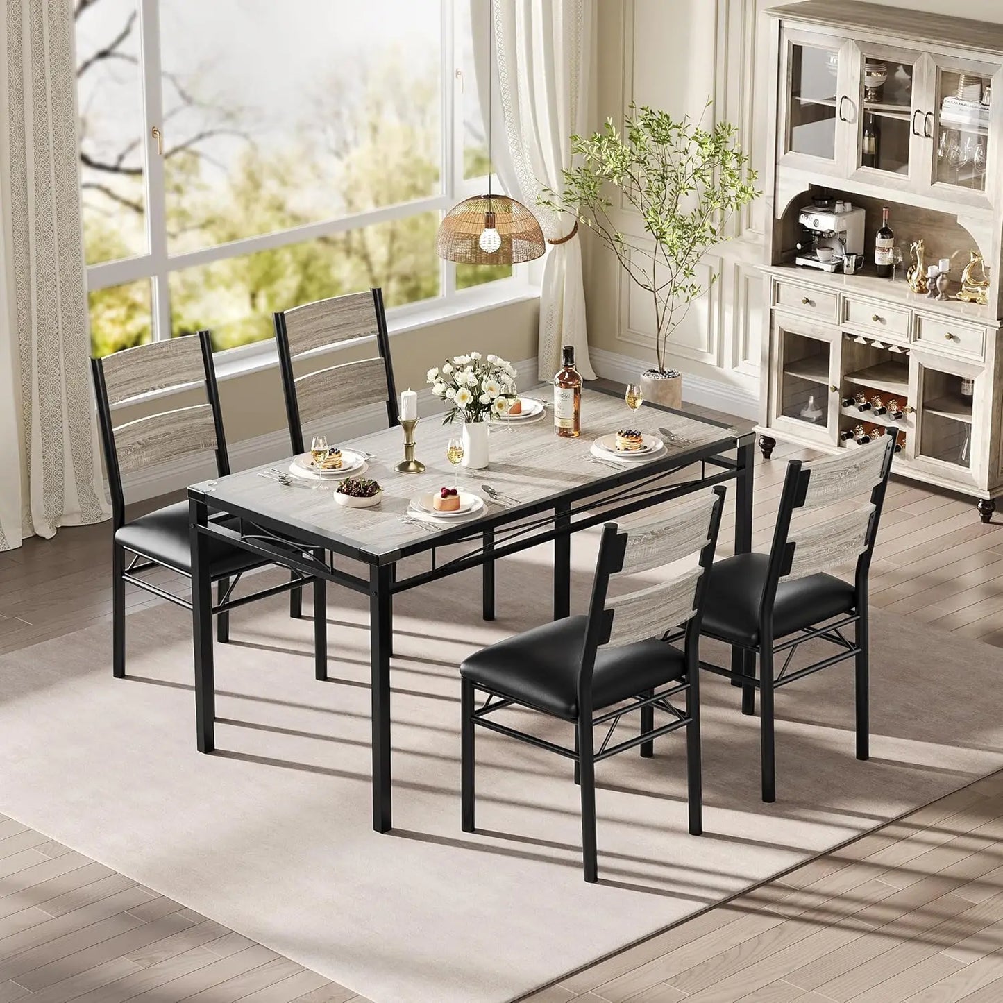 Dining Table Set for 4, Wood Kitchen Table with Corner Protector  with 4 Upholstered Chairs