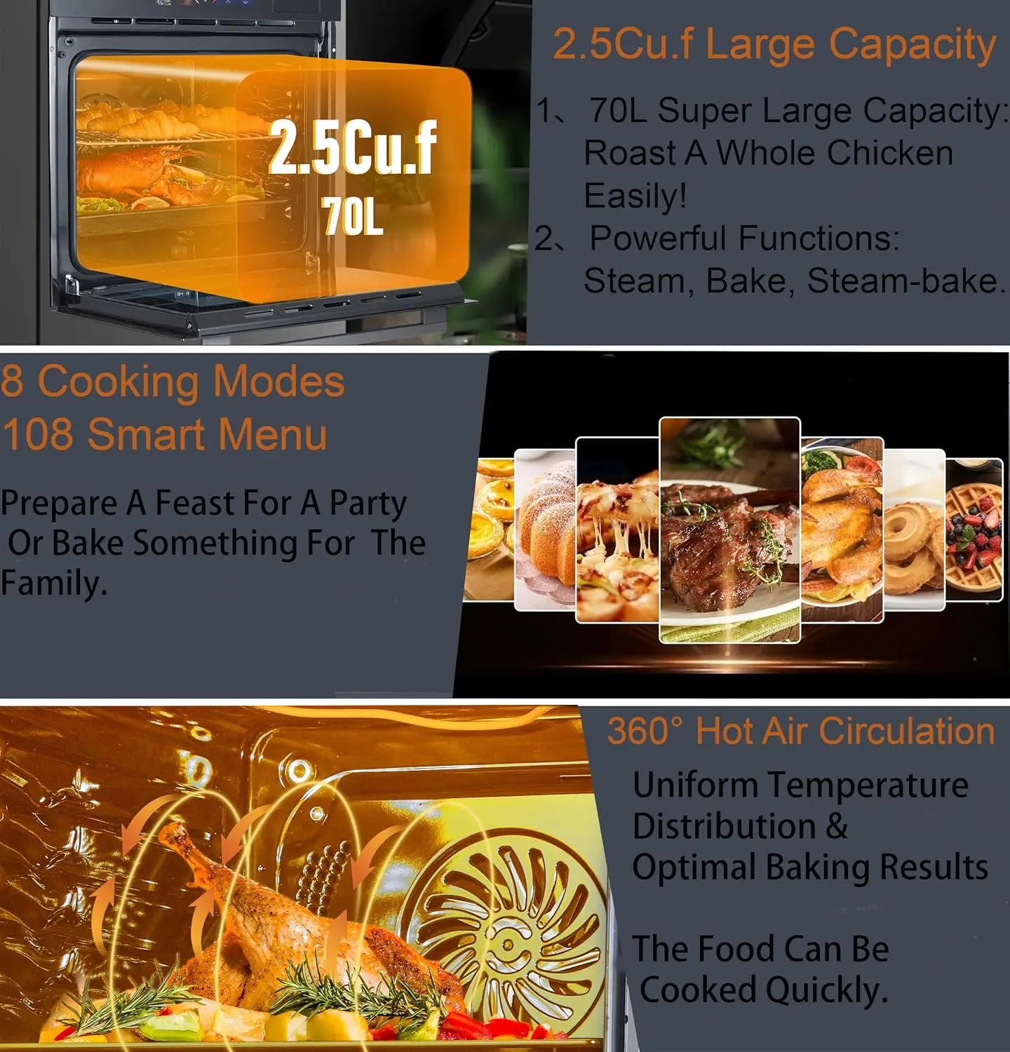 24" Built-in Electric Oven with  Steam & Grill with 8 Cooking Functions
