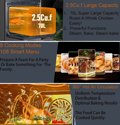 24" Built-in Electric Oven with  Steam & Grill with 8 Cooking Functions