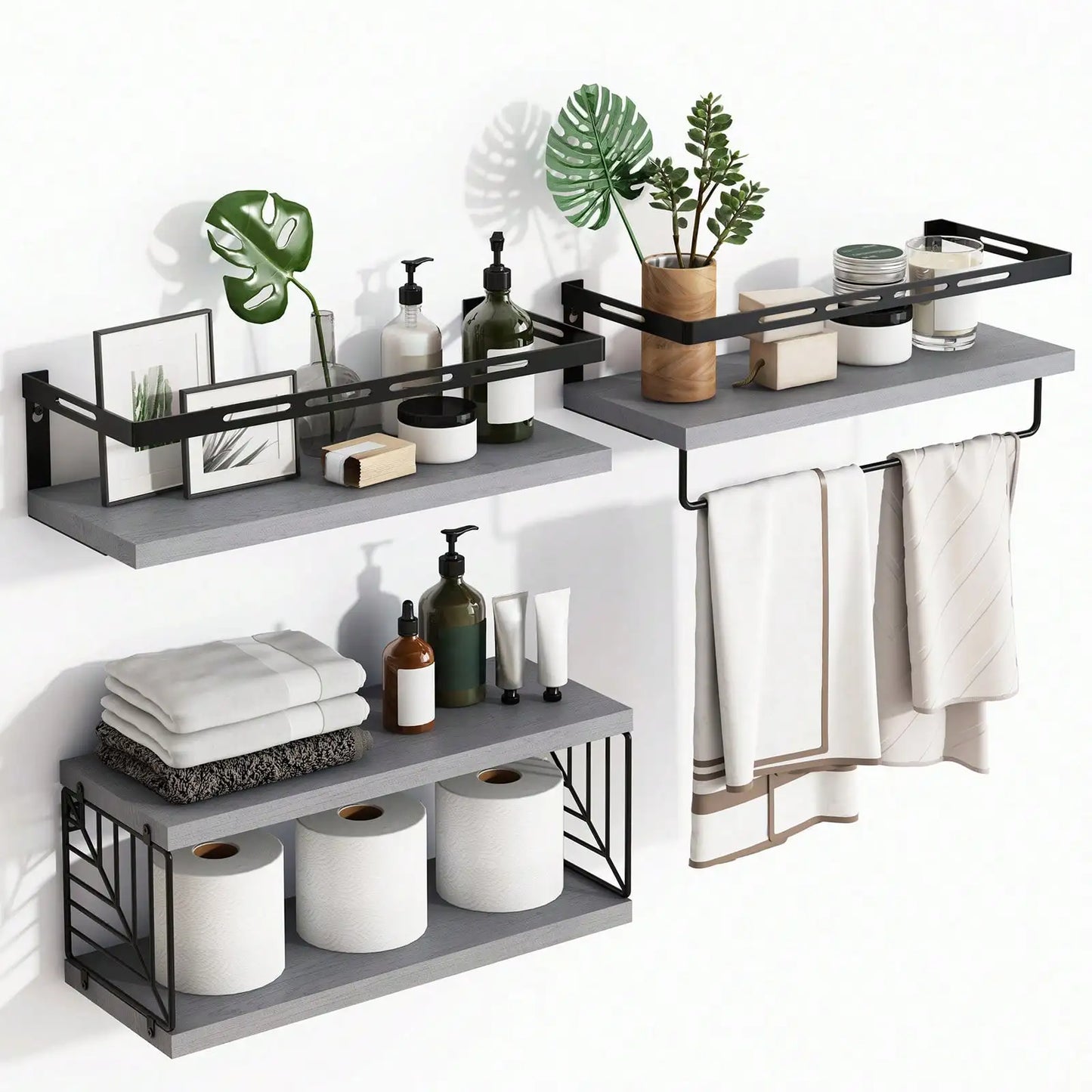 Wall Mounted Bathroom Shelves Over Toilet, Rustic Wood Floating Shelves With Metal Frame Towel Bar