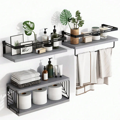 Wall Mounted Bathroom Shelves Over Toilet, Rustic Wood Floating Shelves With Metal Frame Towel Bar