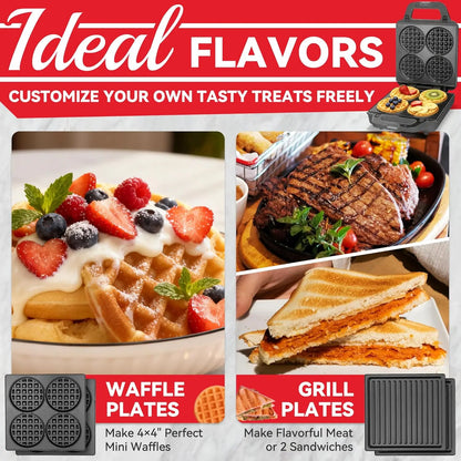 2 in 1 Mini Waffle Maker with Removable Plates and Panini Press Sandwich Maker