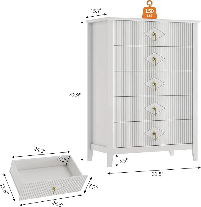 42.9" Tall, Fluted 5 Drawers Dresser, Modern Chest of Drawers with Metal Handle
