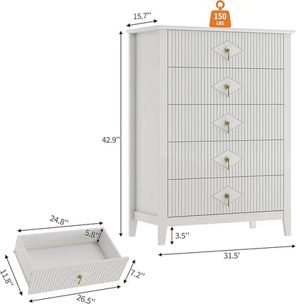 42.9" Tall, Fluted 5 Drawers Dresser, Modern Chest of Drawers with Metal Handle