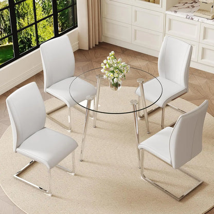 Glass Dining Table Set For 4, Round Table And Chairs With Faux