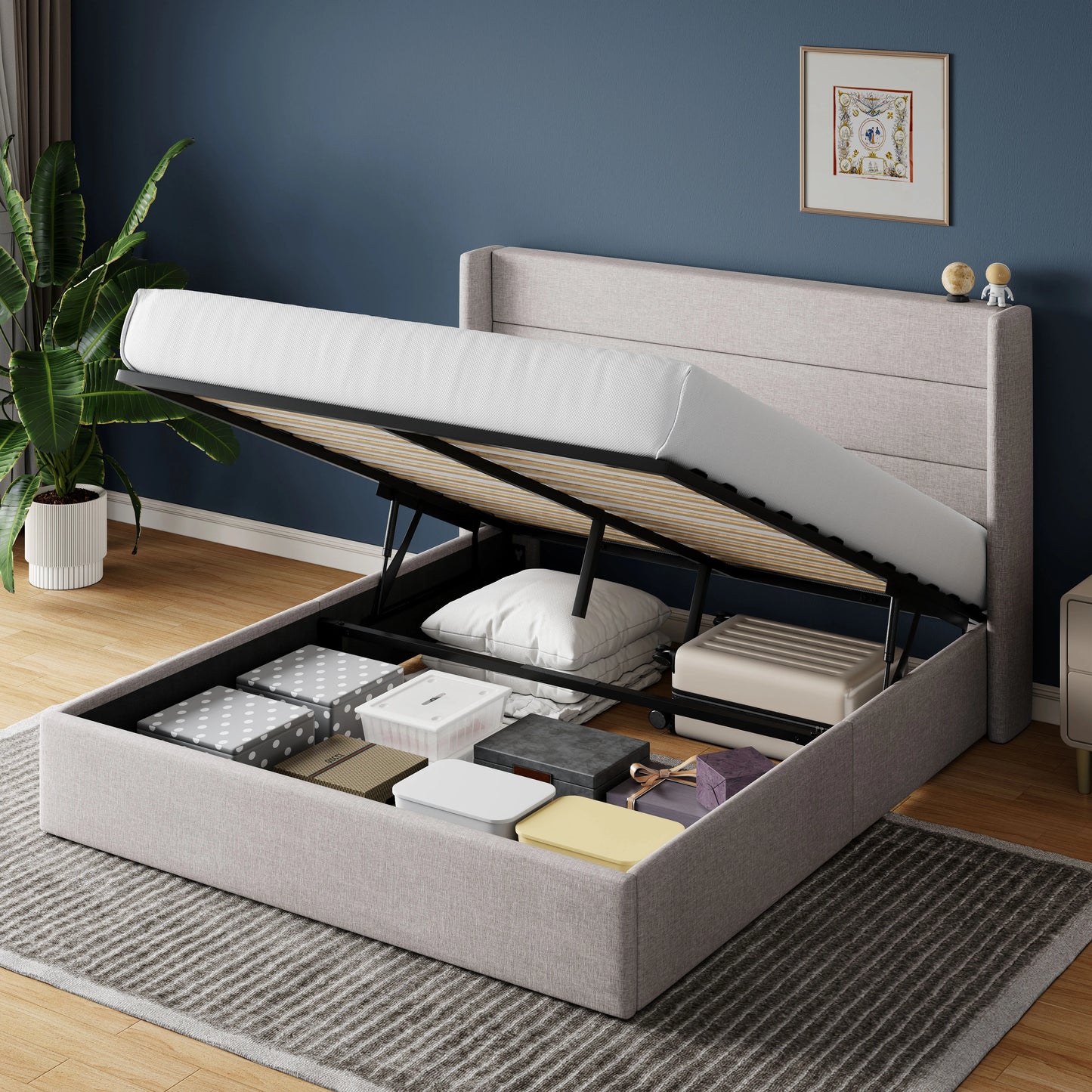 Lift Up Storage Bed with Wingback Headboard