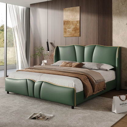 Leather Upholstered Bed Frame with Wingback Head board,