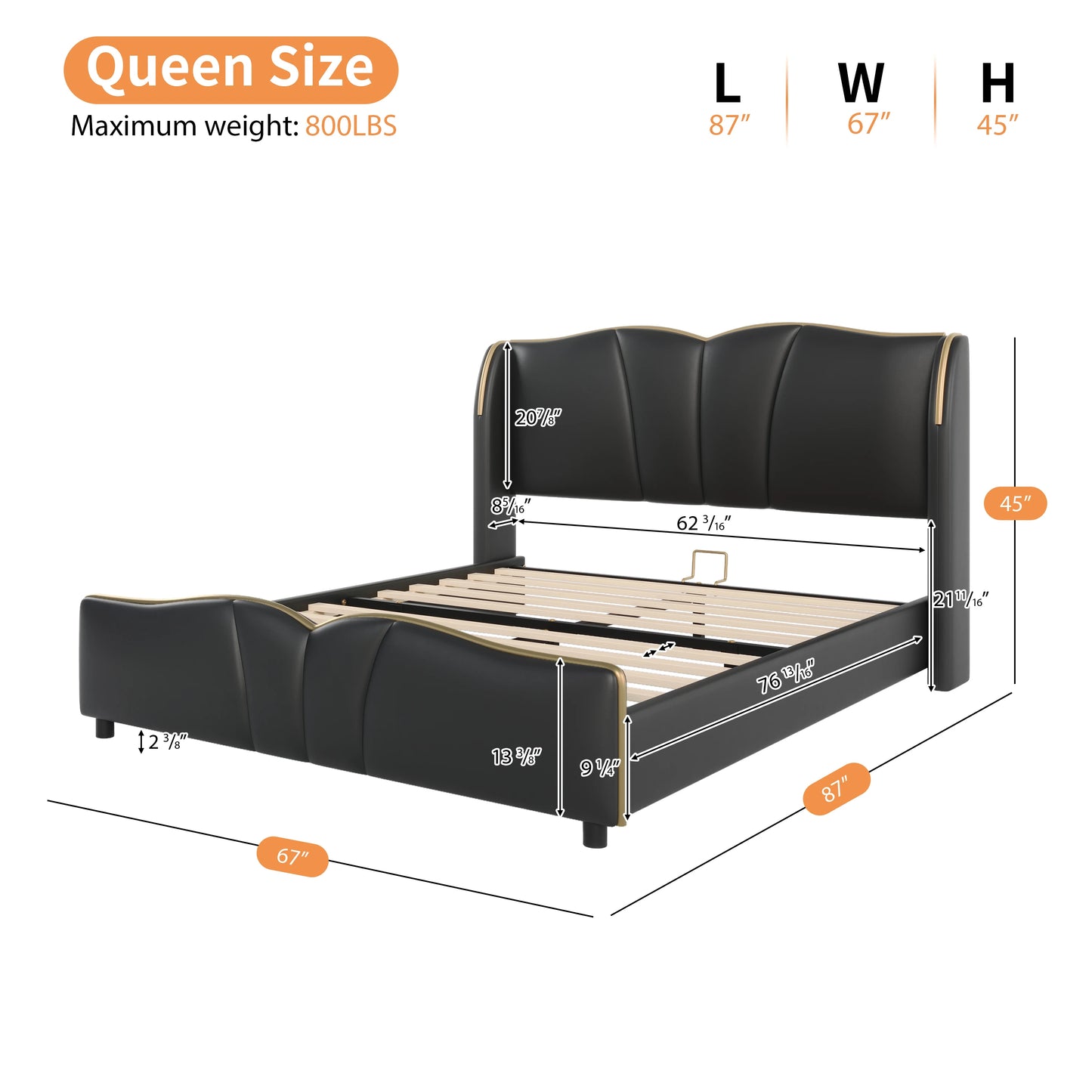 Leather Upholstered Bed Frame with Wingback Head board,