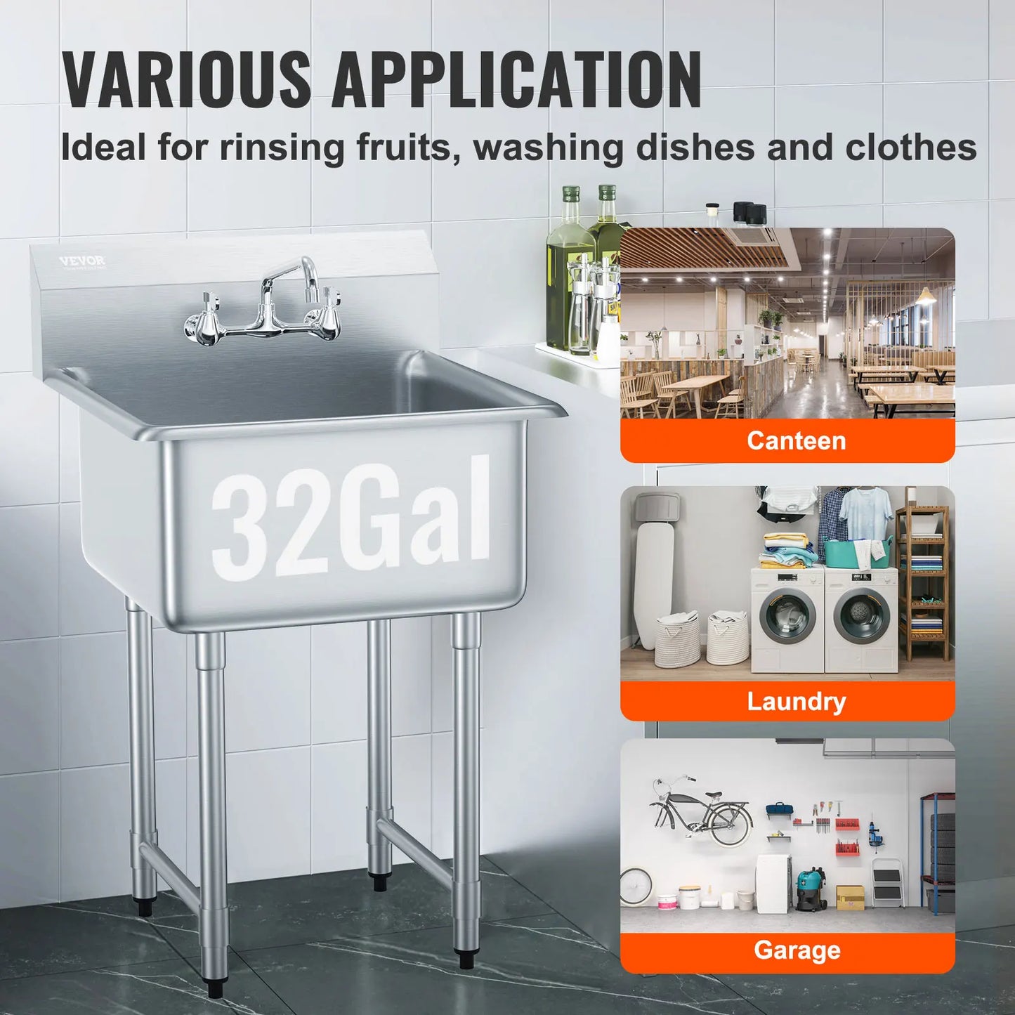 SucceBuy Stainless Steel Kitchen Prep & Utility Sink 1 Compartment