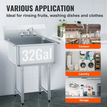 SucceBuy Stainless Steel Kitchen Prep & Utility Sink 1 Compartment