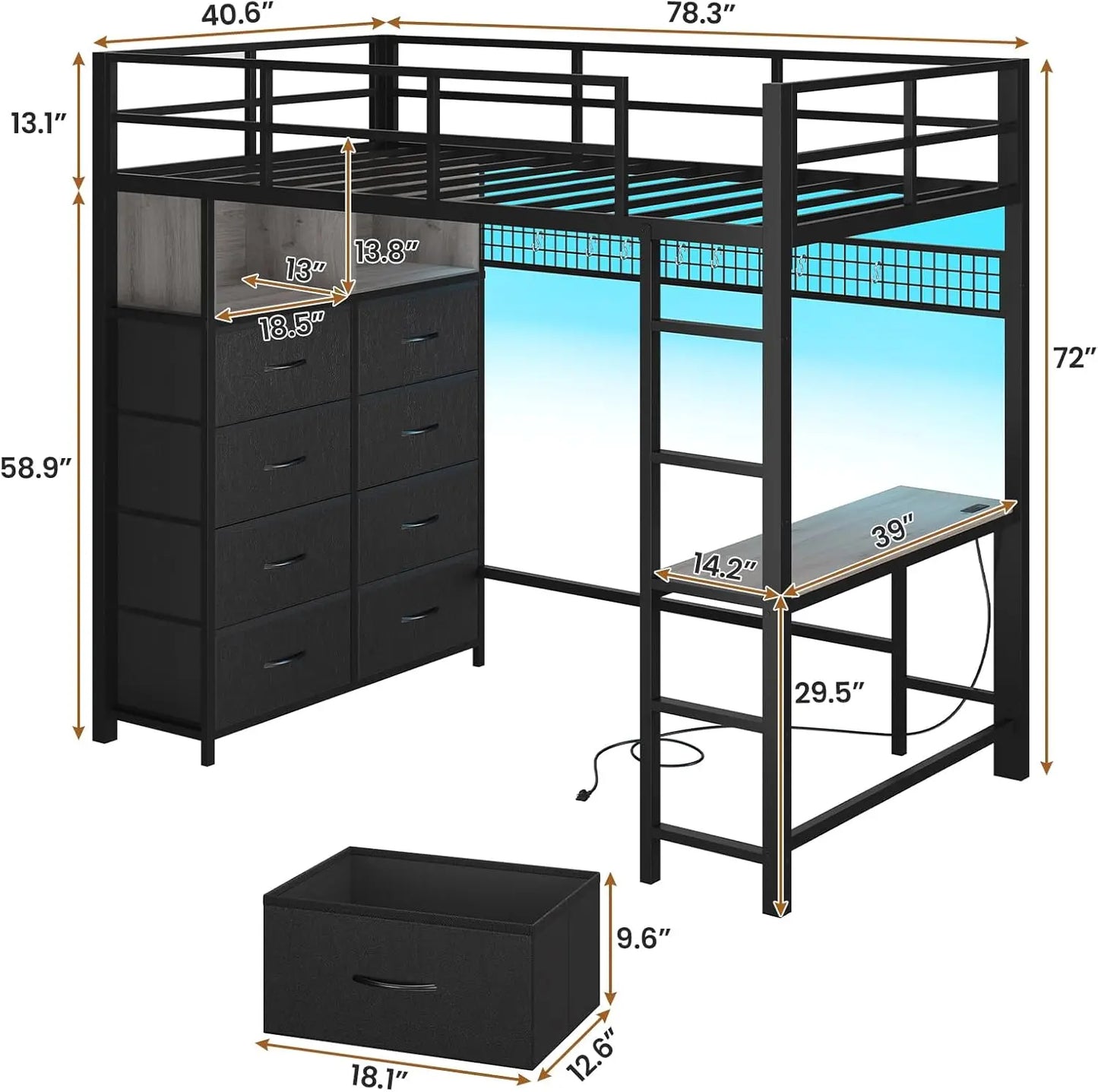 Twin Loft Bed with LED Lights & Charging Station with Desk & Tall Dresser