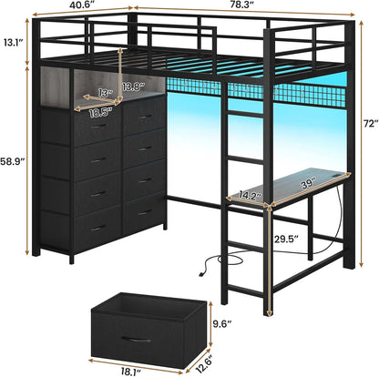 Twin Loft Bed with LED Lights & Charging Station with Desk & Tall Dresser