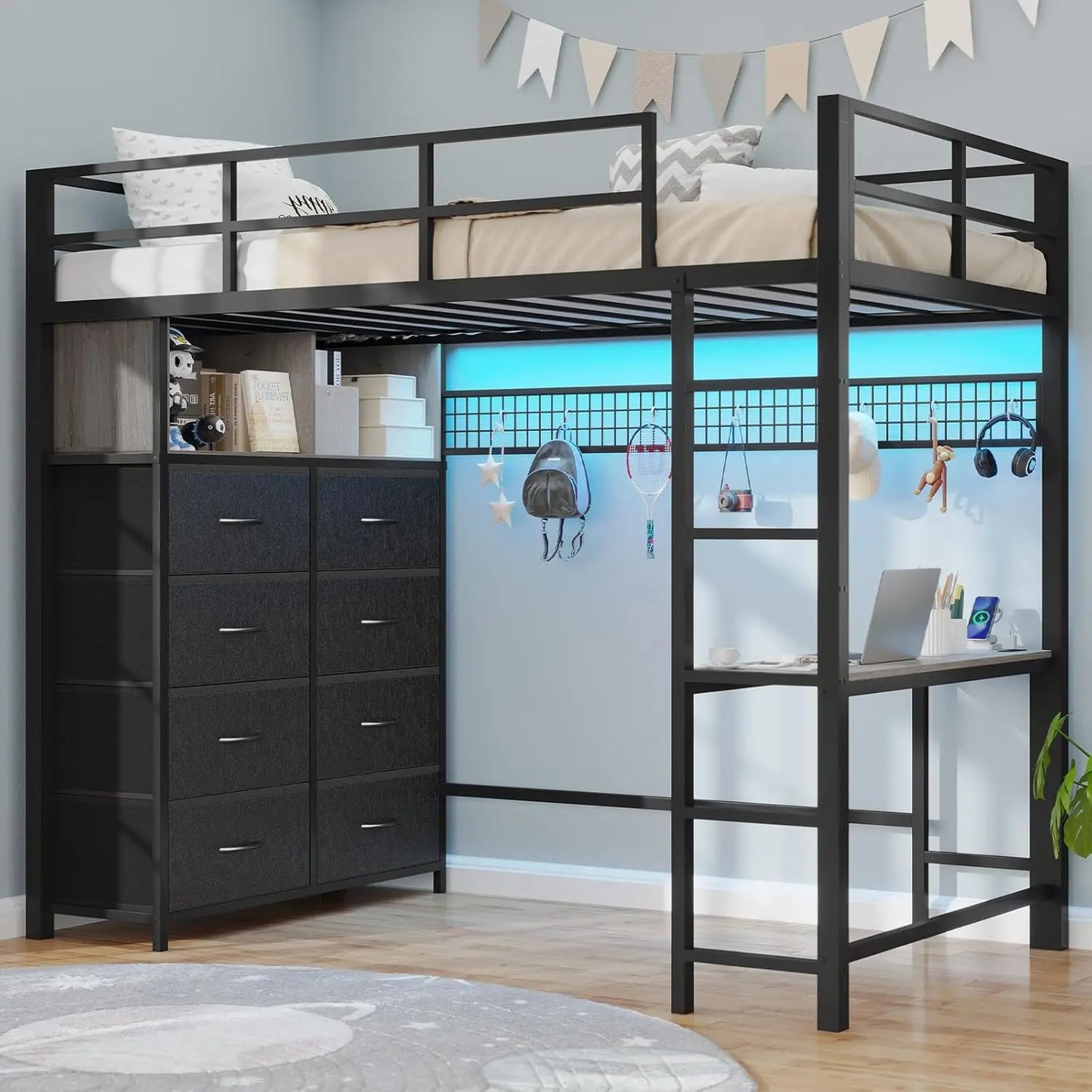 Twin Loft Bed with LED Lights & Charging Station with Desk & Tall Dresser