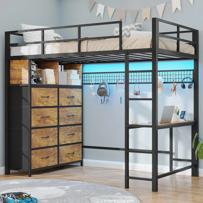 Twin Loft Bed with LED Lights & Charging Station with Desk & Tall Dresser