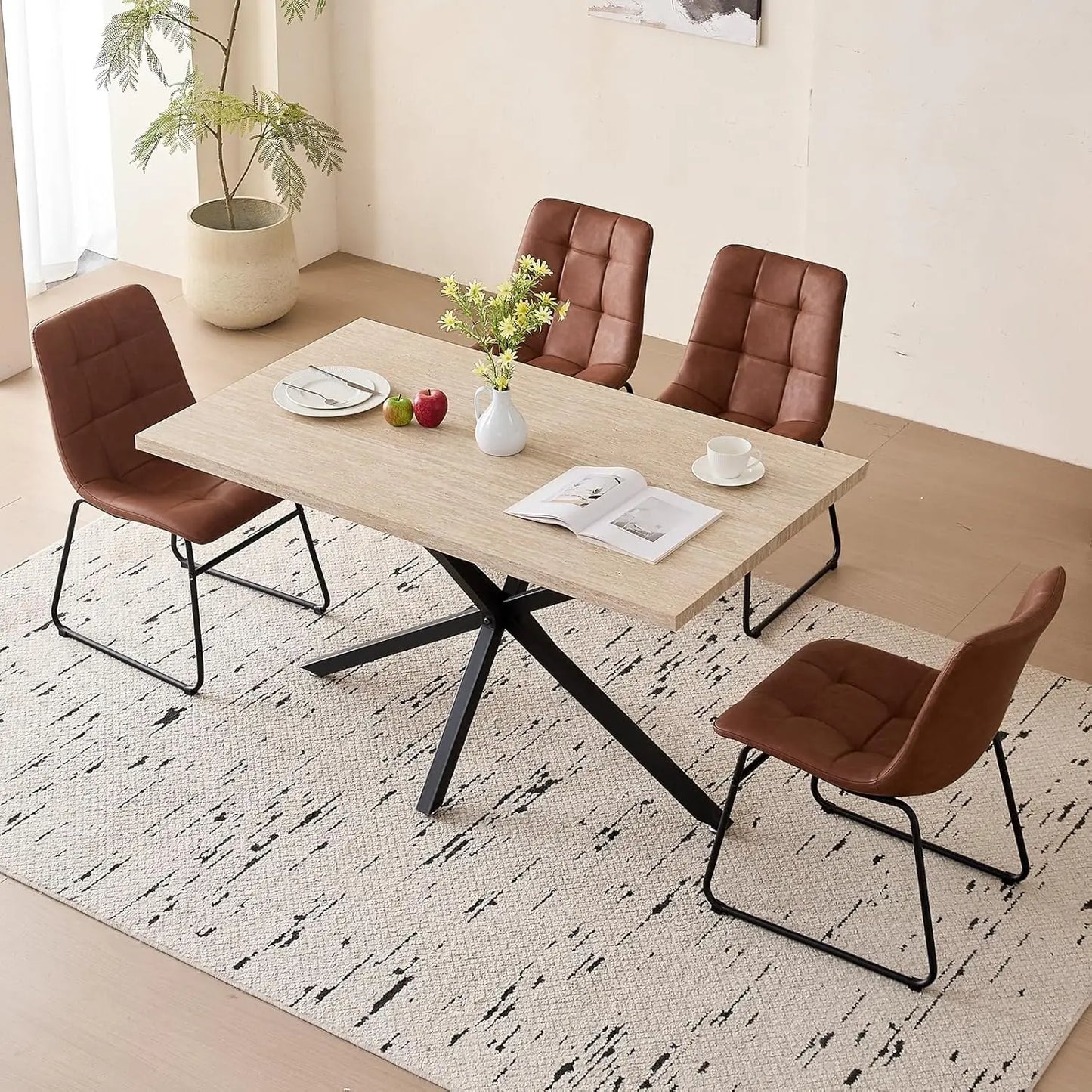 55" Wood Kitchen or Dining Table Set for 4, with 4 Synthetic Leather Chairs, Metal Legs