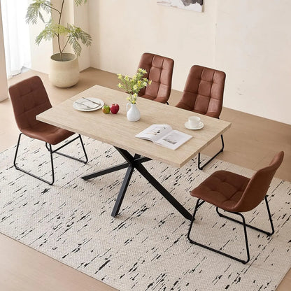55" Wood Kitchen or Dining Table Set for 4, with 4 Synthetic Leather Chairs, Metal Legs