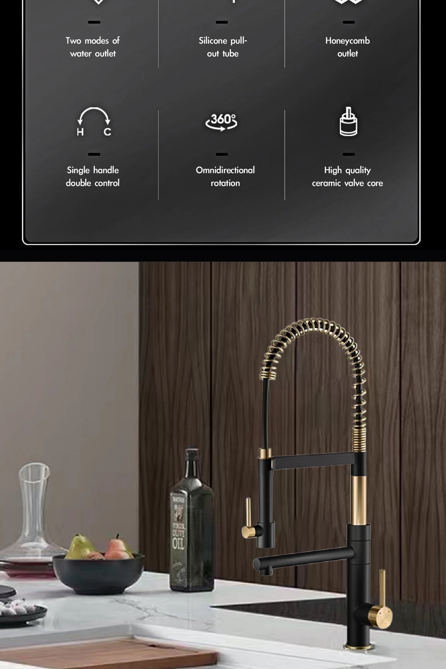 Luxury black kitchen faucet with magnetic suction Pull-Out design Two handles  2-function Tap