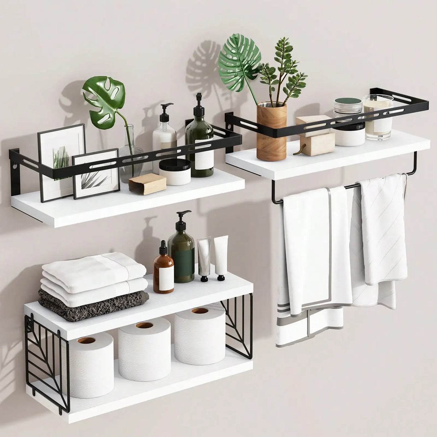 Wall Mounted Bathroom Shelves Over Toilet, Rustic Wood Floating Shelves With Metal Frame Towel Bar