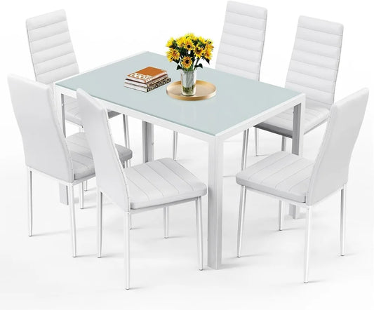 7-Piece Tempered Glass Dining Table Set for 6 with 6 White Chairs