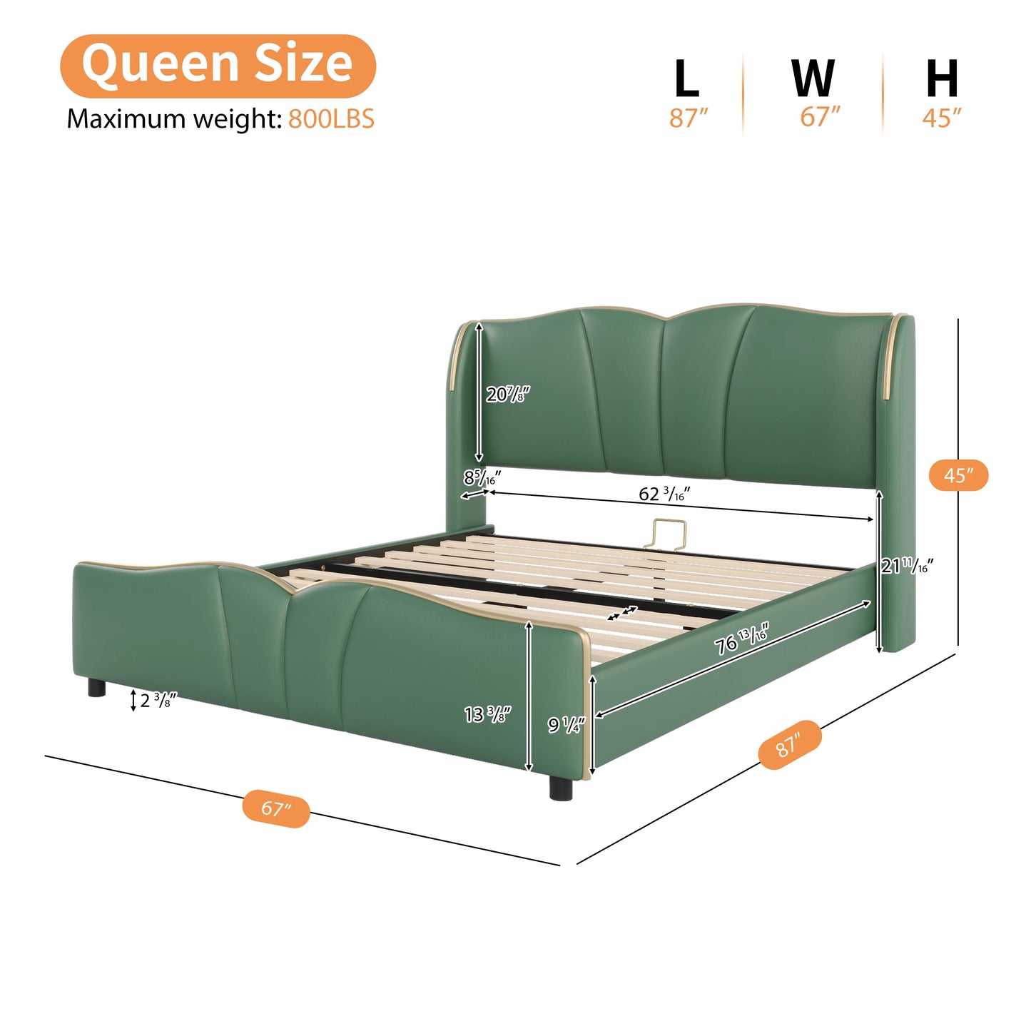 Leather Upholstered Bed Frame with Wingback Head board,