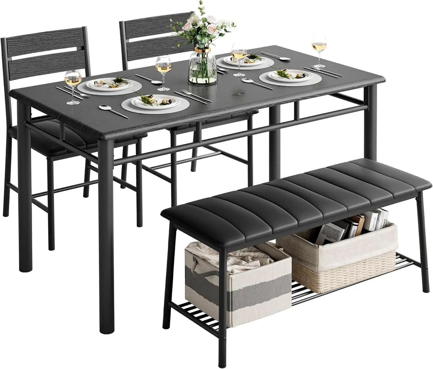 Dining Table Set for 4 with Upholstered Bench and 2 Chairs