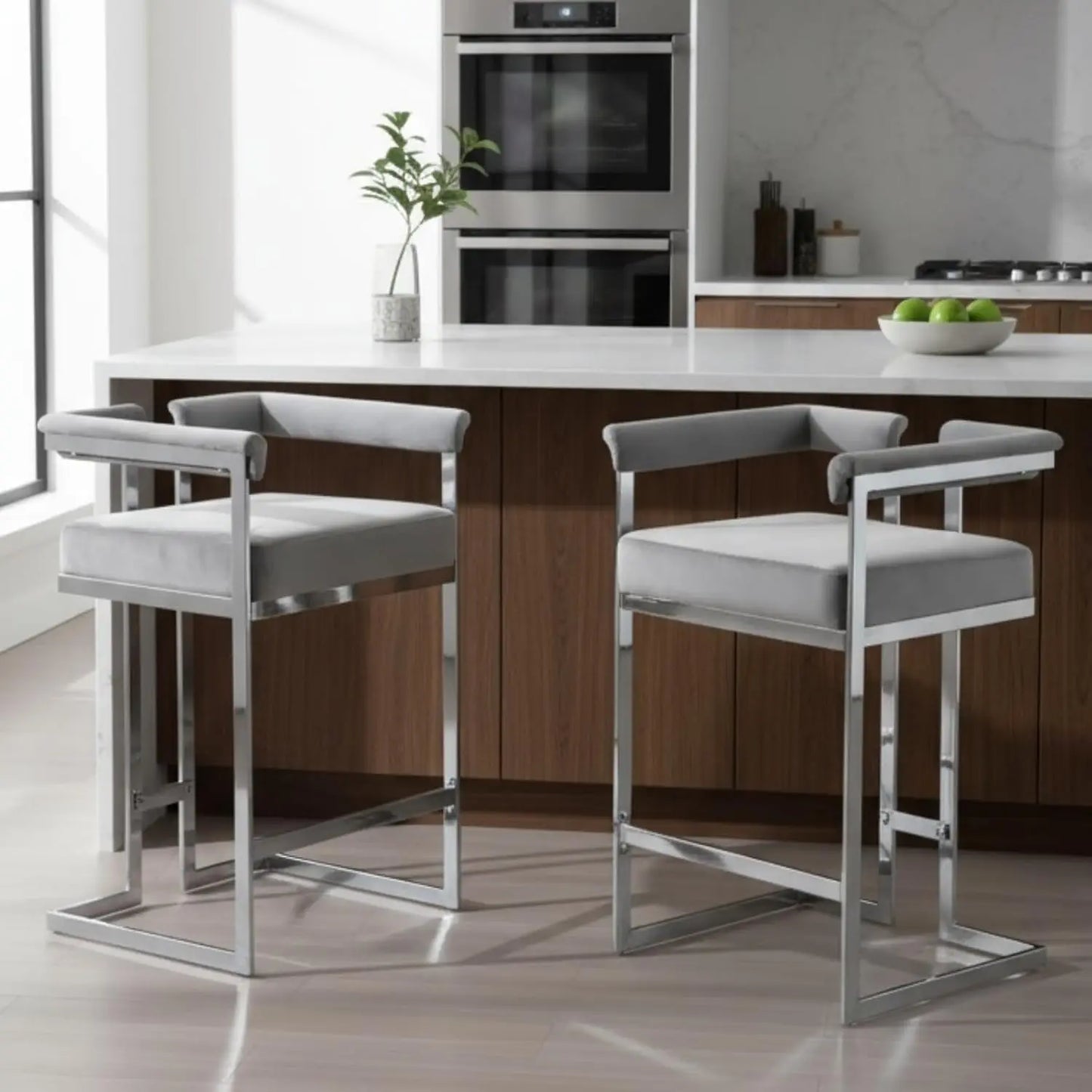 26", Chrome Finish Metal, Modern Bar Counter Height Stool, Set of 2
