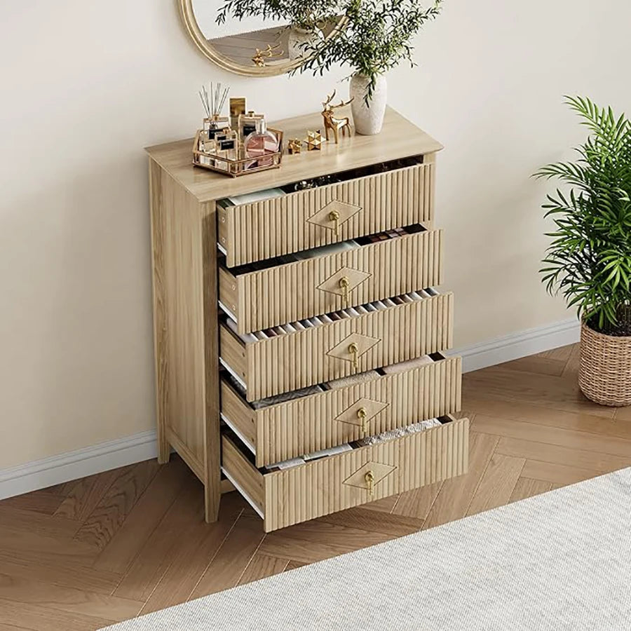42.9" Tall, Fluted 5 Drawers Dresser, Modern Chest of Drawers with Metal Handle