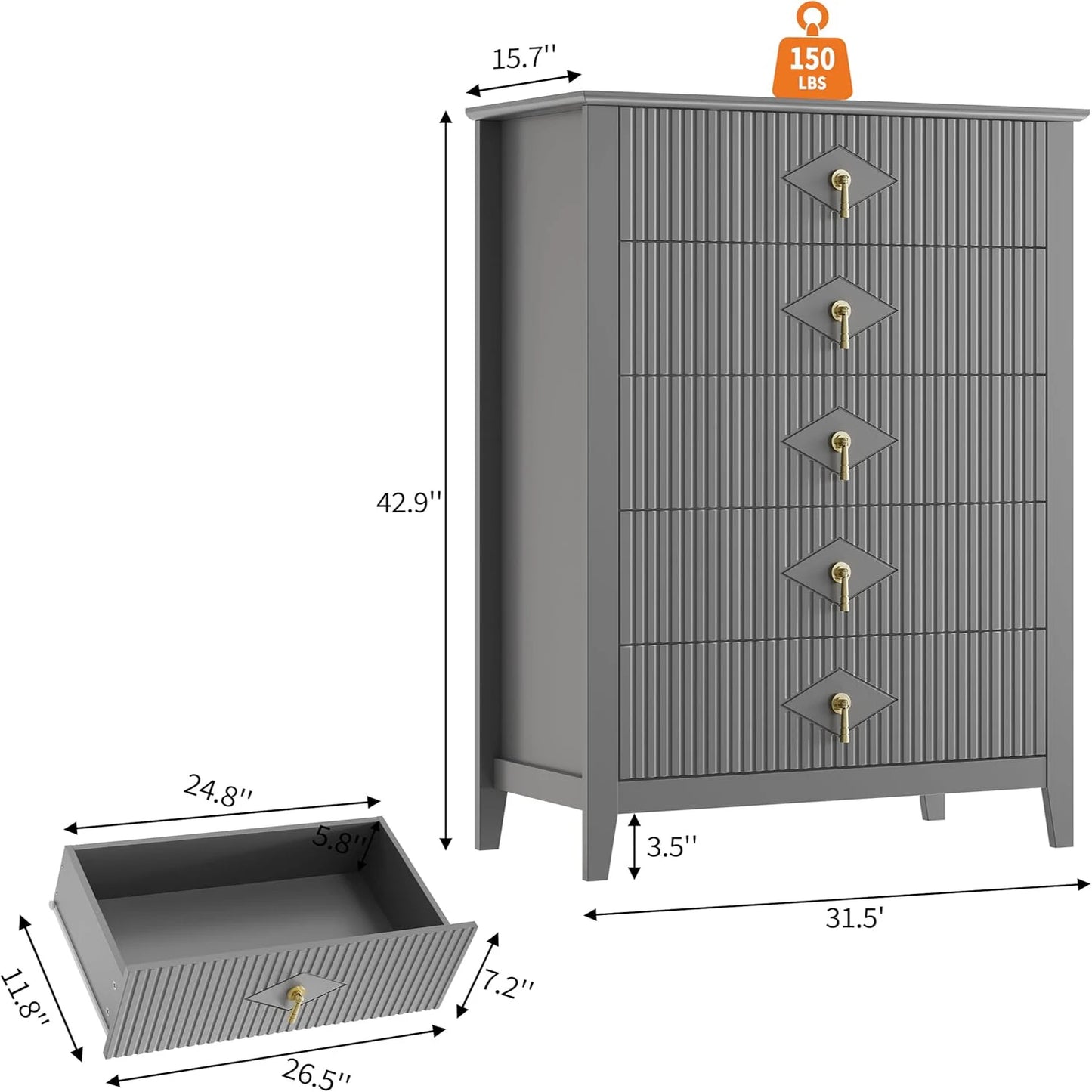 42.9" Tall, Fluted 5 Drawers Dresser, Modern Chest of Drawers with Metal Handle