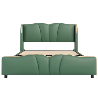 Leather Upholstered Bed Frame with Wingback Head board,