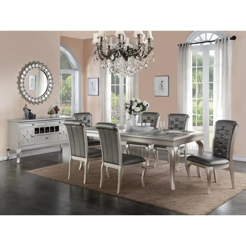 7pc Rectangular Glass Dining Table Set w/ Silver Hue & 6 Tufted Side Chairs