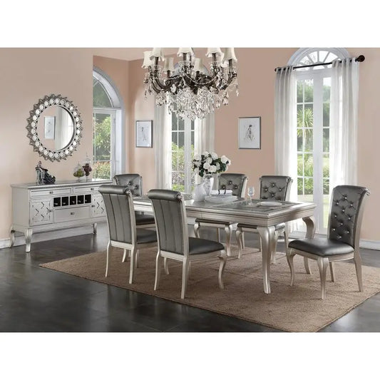 7pc Rectangular Glass Dining Table Set w/ Silver Hue & 6 Tufted Side Chairs