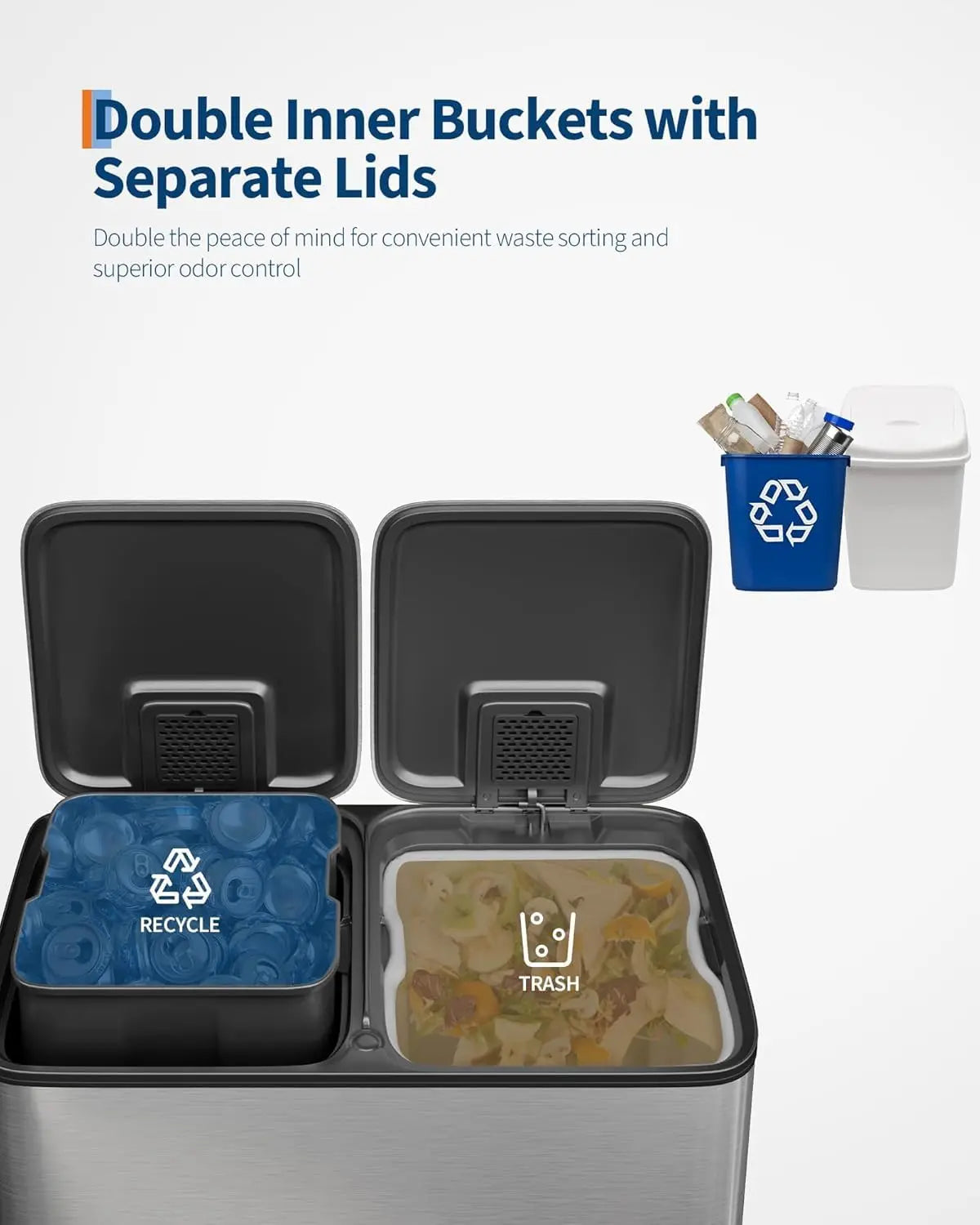 Step Trash Bin for Dual Compartment Recycling Stainless Steel Trash and Recycle Bin