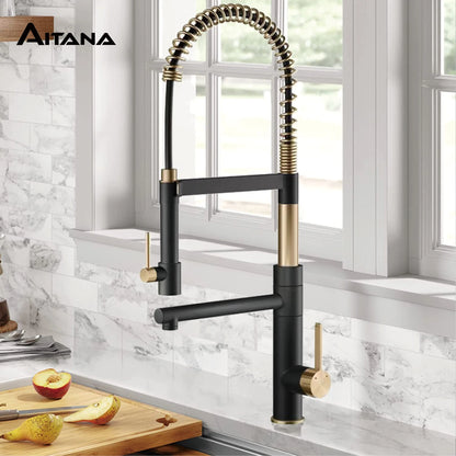 Luxury black kitchen faucet with magnetic suction Pull-Out design Two handles  2-function Tap