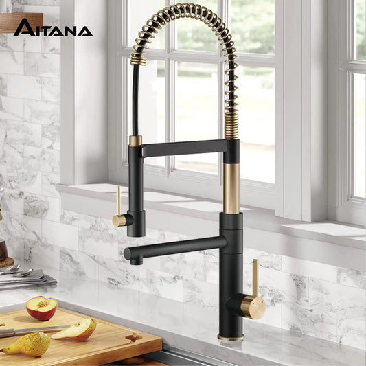Luxury black kitchen faucet with magnetic suction Pull-Out design Two handles  2-function Tap