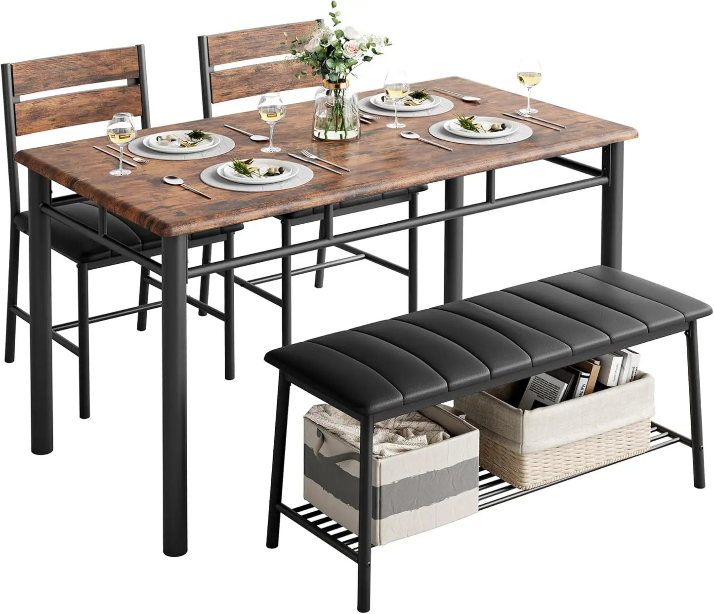 Dining Table Set for 4 with Upholstered Bench and 2 Chairs