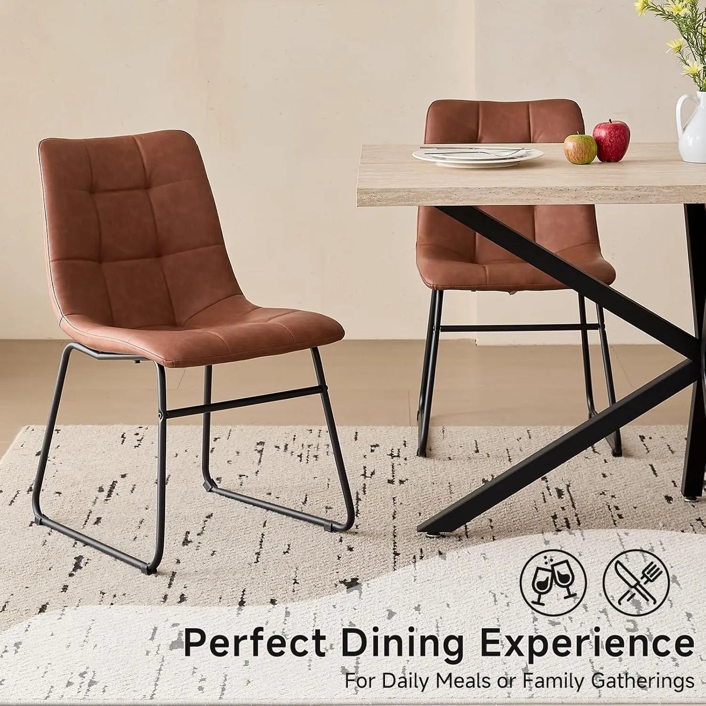 55" Wood Kitchen or Dining Table Set for 4, with 4 Synthetic Leather Chairs, Metal Legs