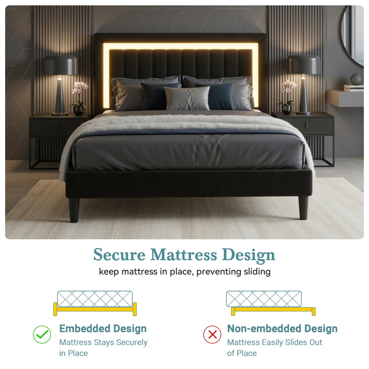 Full/Queen/King Velvet Platform Bed Frame with RGB LED Headboard