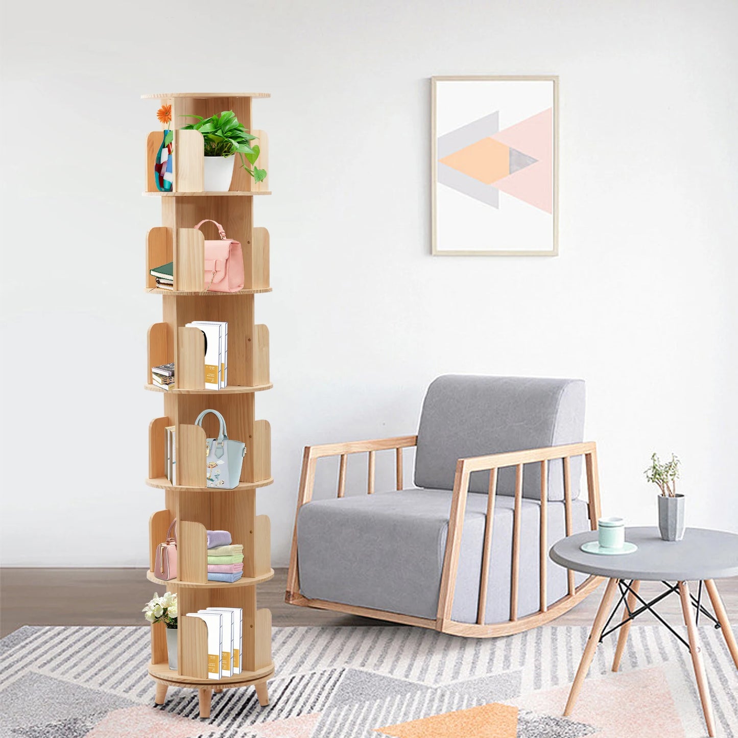 Rotating Bookshelf 6 Tiers Pine Wood