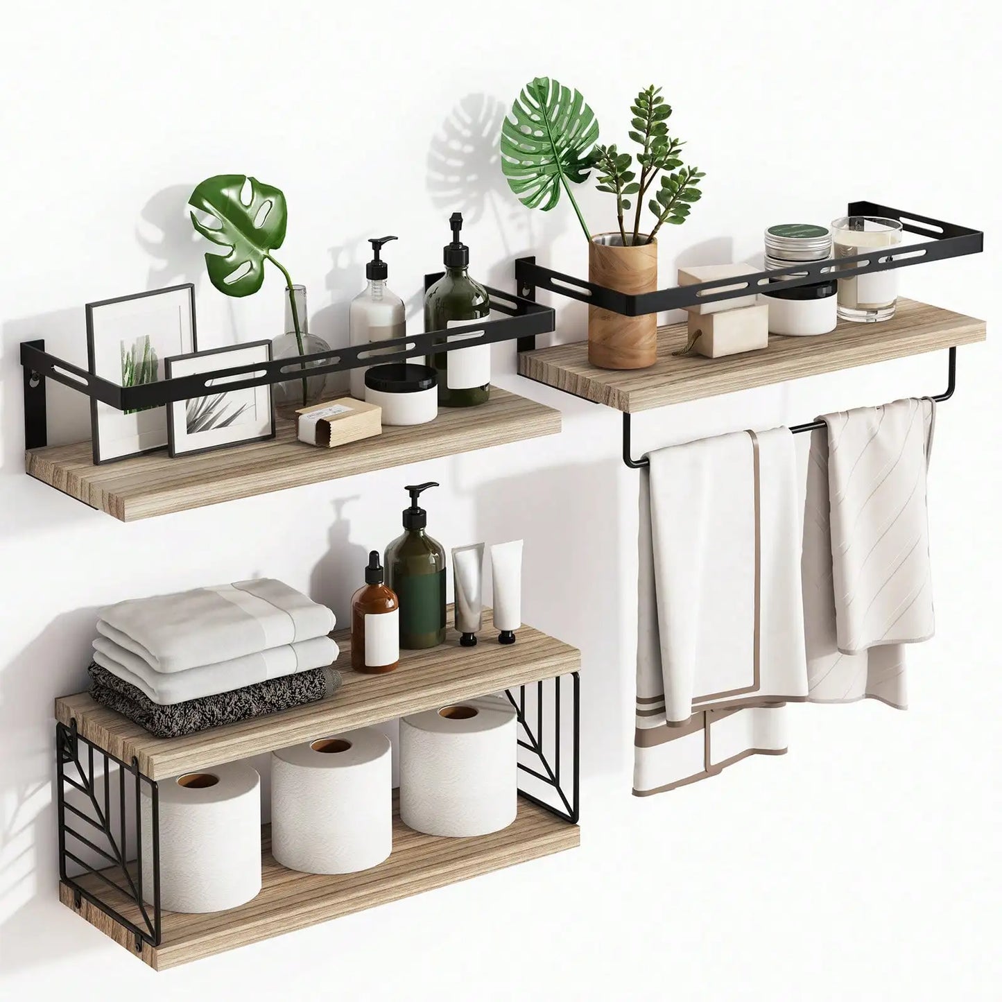 Wall Mounted Bathroom Shelves Over Toilet, Rustic Wood Floating Shelves With Metal Frame Towel Bar