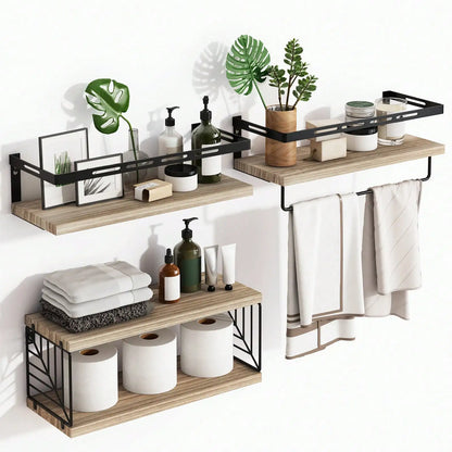 Wall Mounted Bathroom Shelves Over Toilet, Rustic Wood Floating Shelves With Metal Frame Towel Bar