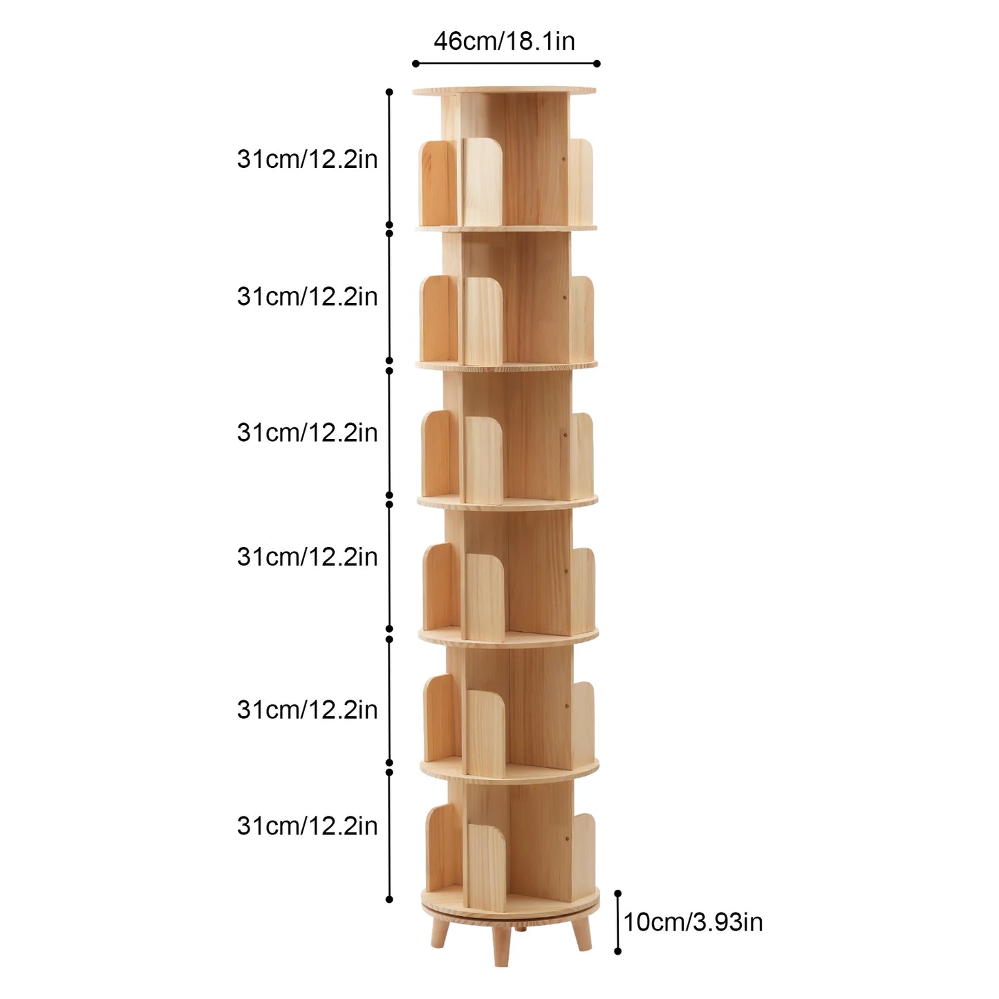 Rotating Bookshelf 6 Tiers Pine Wood